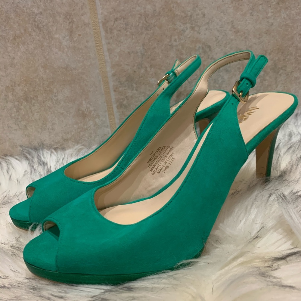 NINE WEST open-toe suede heels